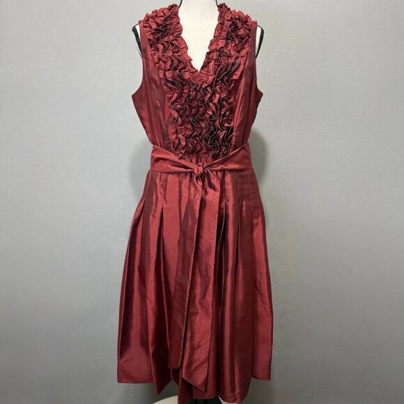 Jessica Howard Midi Party Dress Sz 12 Wine Taffeta Sleeveless Ruffle Fit & Flare - Picture 1 of 10